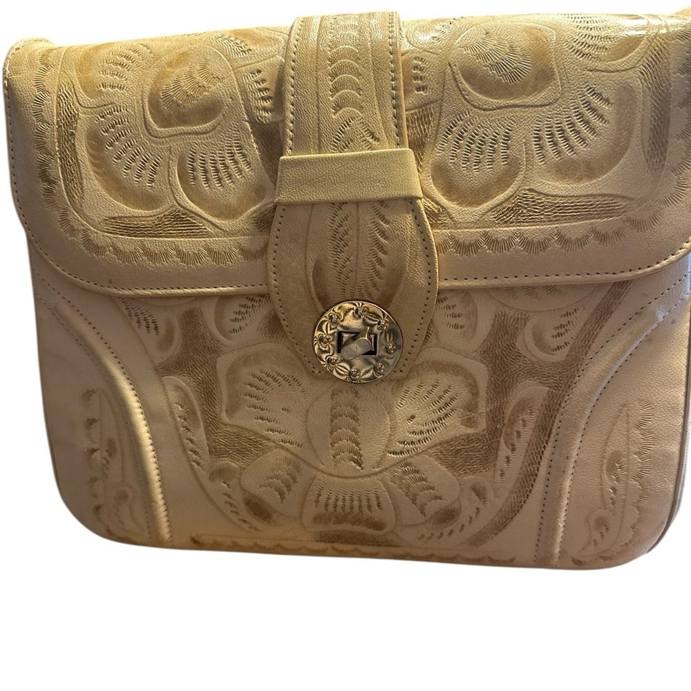 Azteca Piel Genuina Vintage Tan Leather Hand-carved Crossbody Bag Women’s